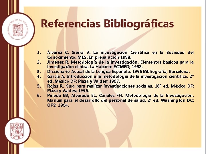 Referencias Bibliográficas 1. 2. 3. 4. 5. 6. Álvarez C, Sierra V. La investigación