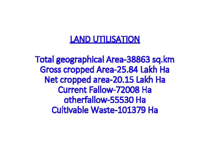 LAND UTILISATION Total geographical Area-38863 sq. km Gross cropped Area-25. 84 Lakh Ha Net
