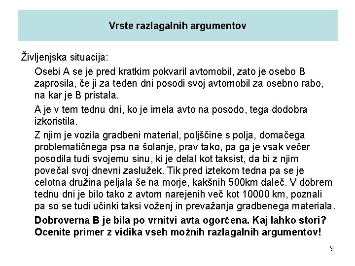 Vrste razlagalnih argumentov Življenjska situacija: Osebi A se je pred kratkim pokvaril avtomobil, zato