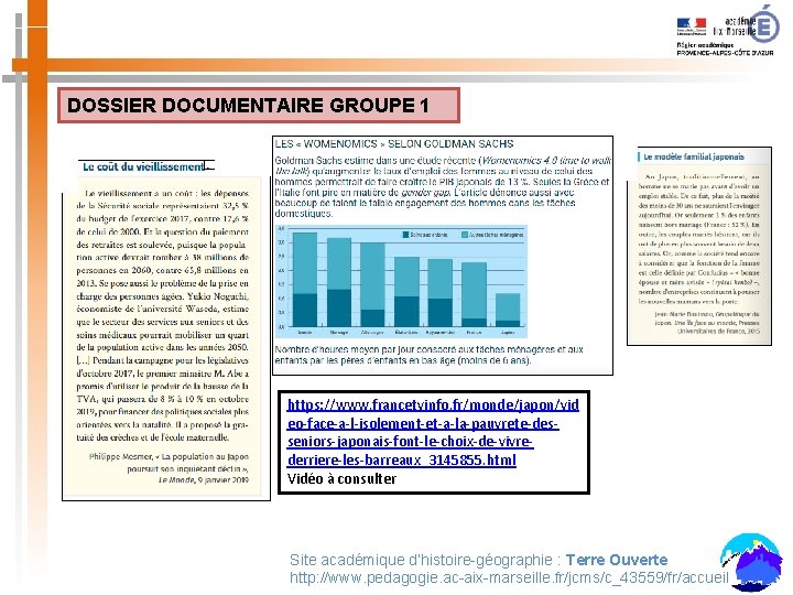 DOSSIER DOCUMENTAIRE GROUPE 1 https: //www. francetvinfo. fr/monde/japon/vid eo-face-a-l-isolement-et-a-la-pauvrete-desseniors-japonais-font-le-choix-de-vivrederriere-les-barreaux_3145855. html Vidéo à consulter Site