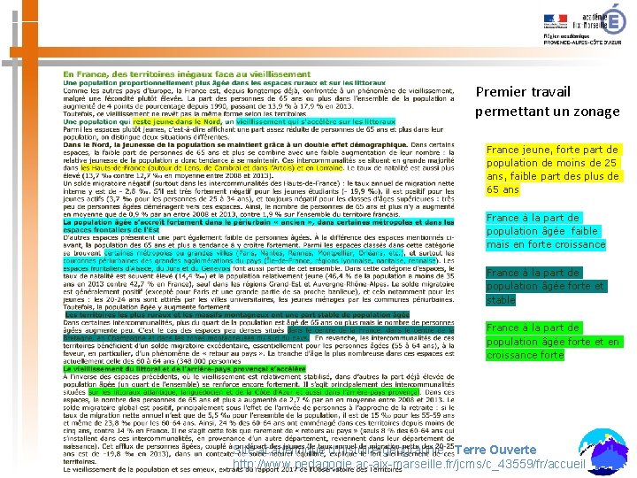 Premier travail permettant un zonage France jeune, forte part de population de moins de