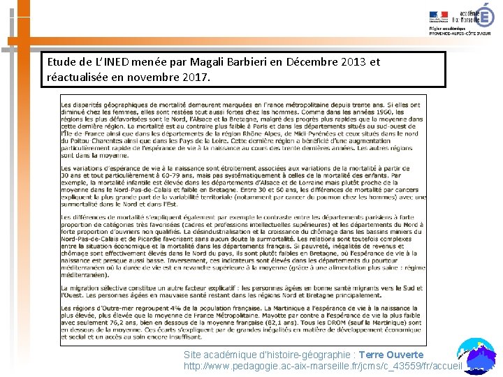 Etude de L’INED menée par Magali Barbieri en Décembre 2013 et réactualisée en novembre