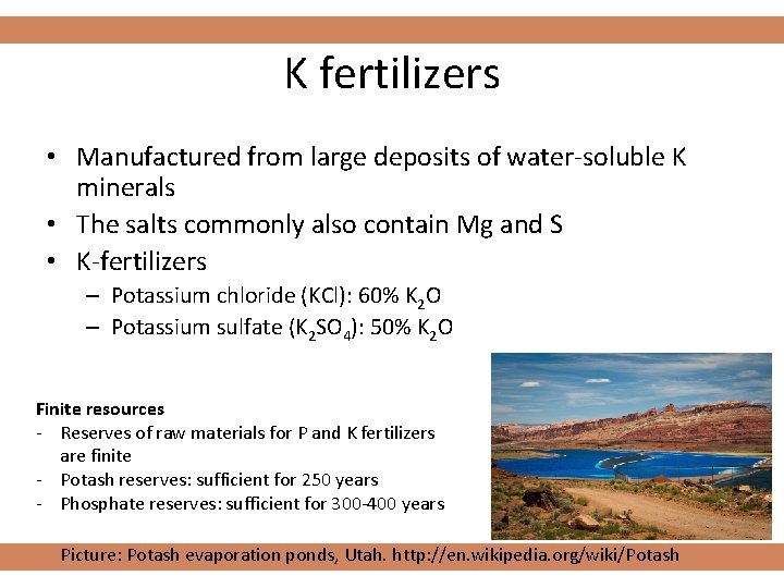 K fertilizers • Manufactured from large deposits of water-soluble K minerals • The salts