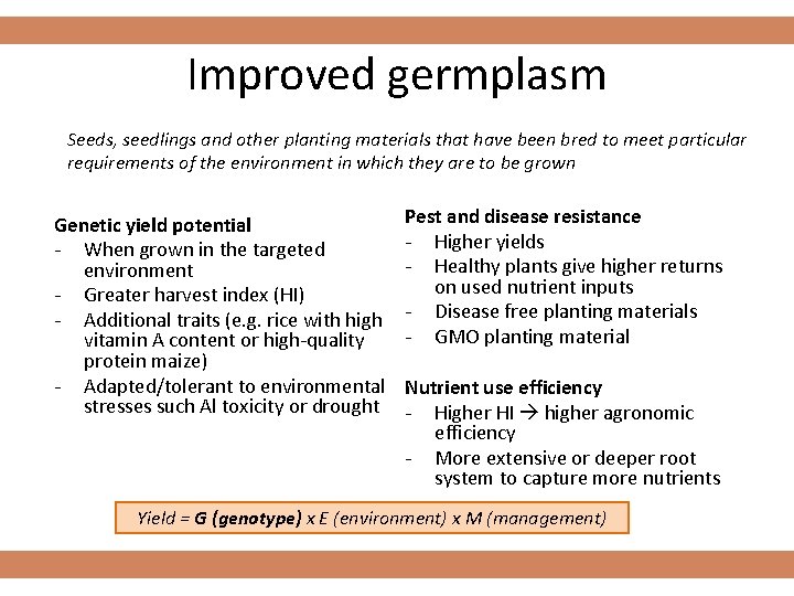 Improved germplasm Seeds, seedlings and other planting materials that have been bred to meet