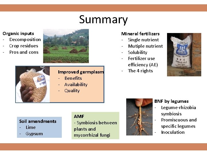 Summary Organic inputs - Decomposition - Crop residues - Pros and cons Improved germplasm