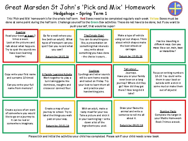 Great Marsden St John's 'Pick and Mix' Homework Hedgehogs – Spring Term 1 This