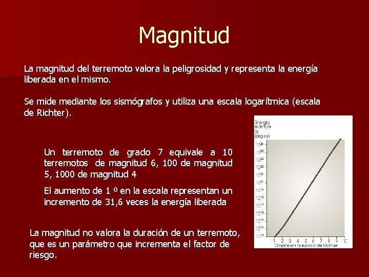 Magnitud La magnitud del terremoto valora la peligrosidad y representa la energía liberada en