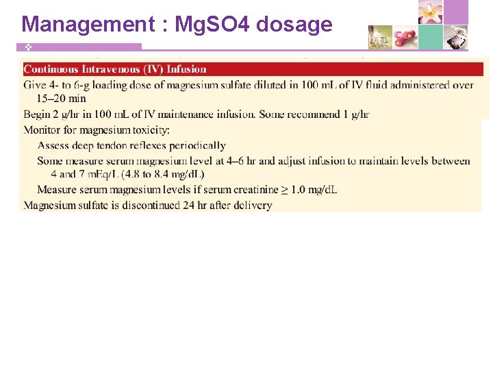 Management : Mg. SO 4 dosage 
