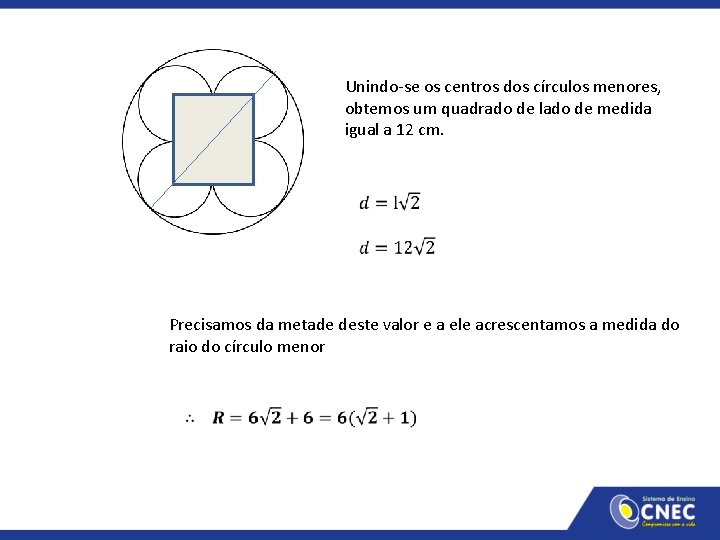 Unindo-se os centros dos círculos menores, obtemos um quadrado de lado de medida igual