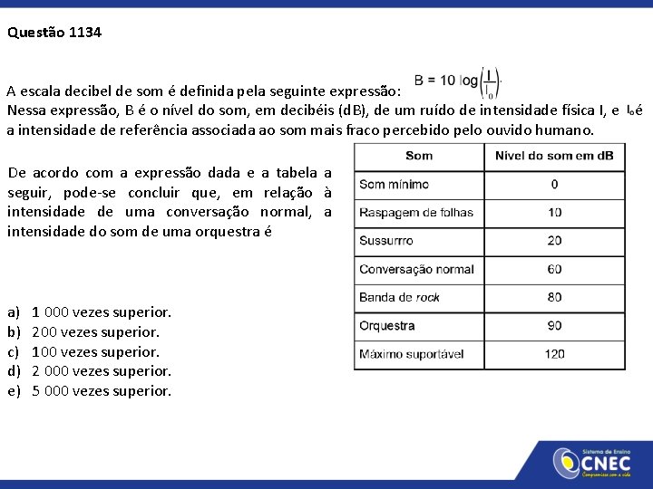 Questão 1134 A escala decibel de som é definida pela seguinte expressão: Nessa expressão,