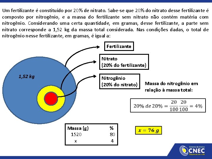 Um fertilizante é constituído por 20% de nitrato. Sabe-se que 20% do nitrato desse