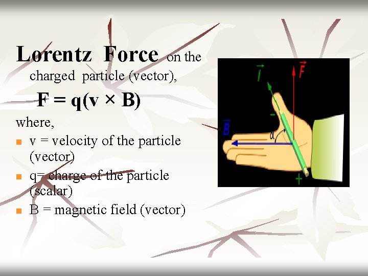 Lorentz Force on the charged particle (vector), F = q(v × B) where, n