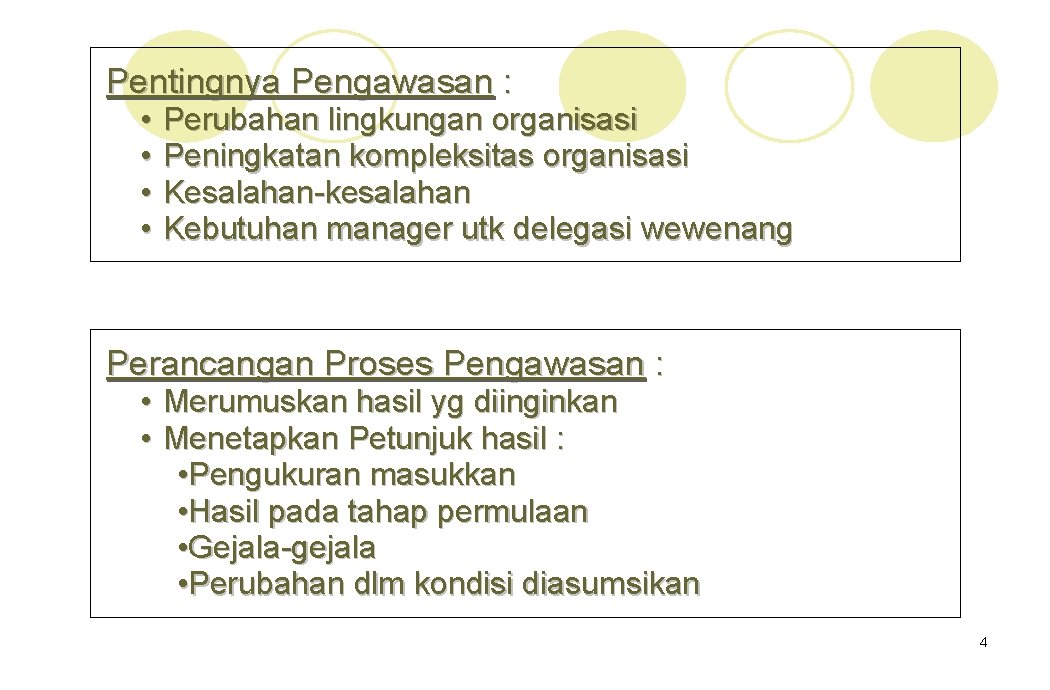 Pentingnya Pengawasan : • • Perubahan lingkungan organisasi Peningkatan kompleksitas organisasi Kesalahan-kesalahan Kebutuhan manager