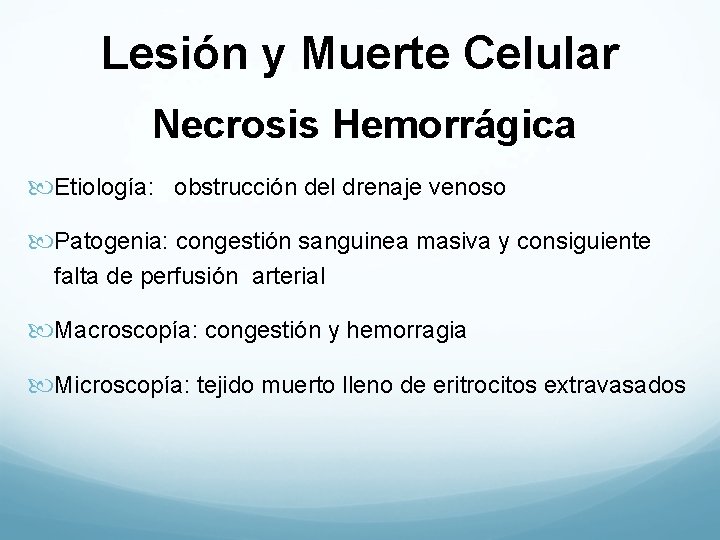 Lesión y Muerte Celular Necrosis Hemorrágica Etiología: obstrucción del drenaje venoso Patogenia: congestión sanguinea
