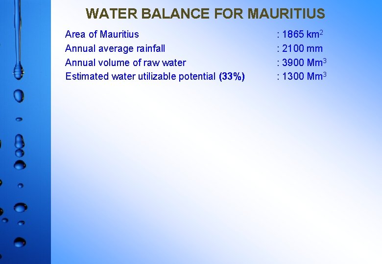 WATER BALANCE FOR MAURITIUS Area of Mauritius Annual average rainfall Annual volume of raw