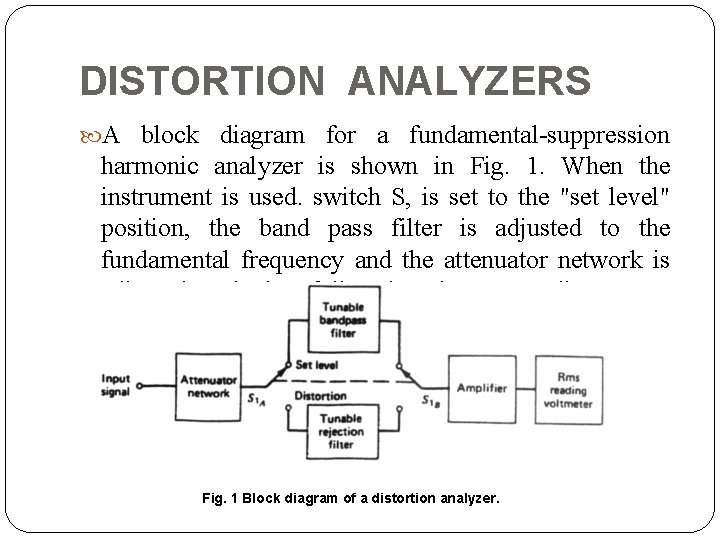 DISTORTION ANALYZERS A block diagram for a fundamental suppression harmonic analyzer is shown in