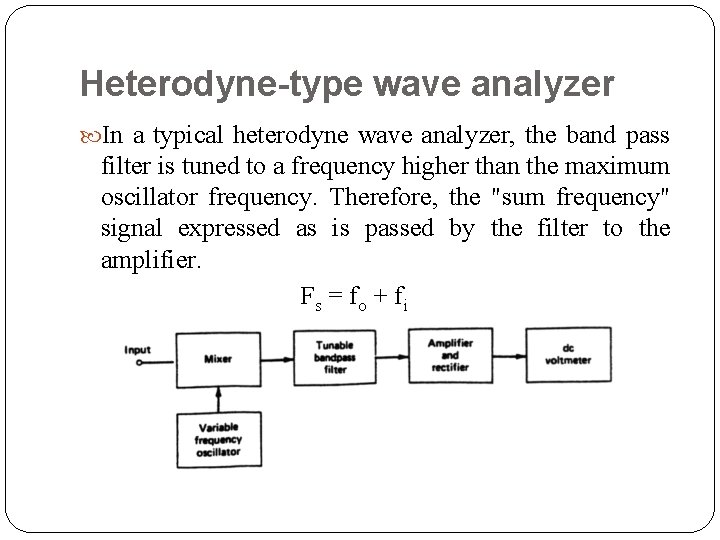 Heterodyne-type wave analyzer In a typical heterodyne wave analyzer, the band pass filter is