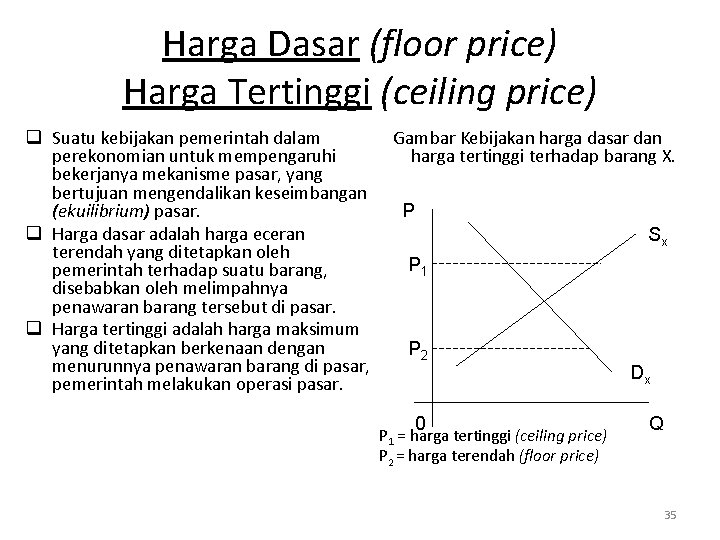 Harga Dasar (floor price) Harga Tertinggi (ceiling price) q Suatu kebijakan pemerintah dalam perekonomian