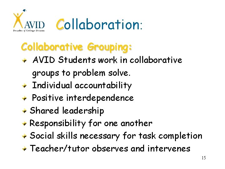 Collaboration: Collaborative Grouping: AVID Students work in collaborative groups to problem solve. Individual accountability