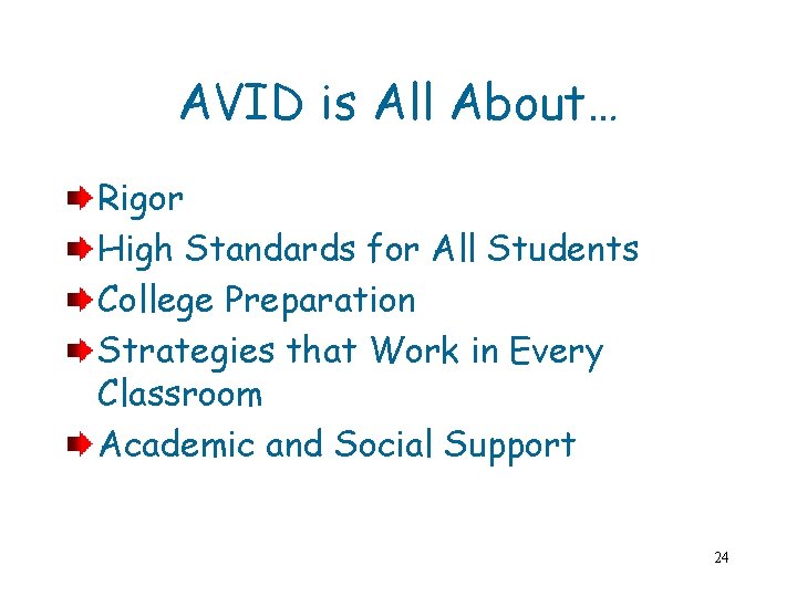 AVID is All About… Rigor High Standards for All Students College Preparation Strategies that AVID is All About… Rigor High Standards for All Students College Preparation Strategies that