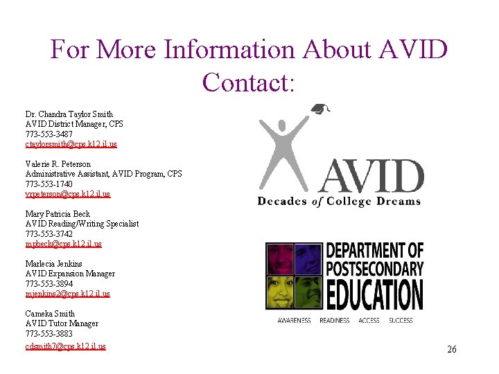 For More Information About AVID Contact: Dr. Chandra Taylor Smith AVID District Manager, CPS