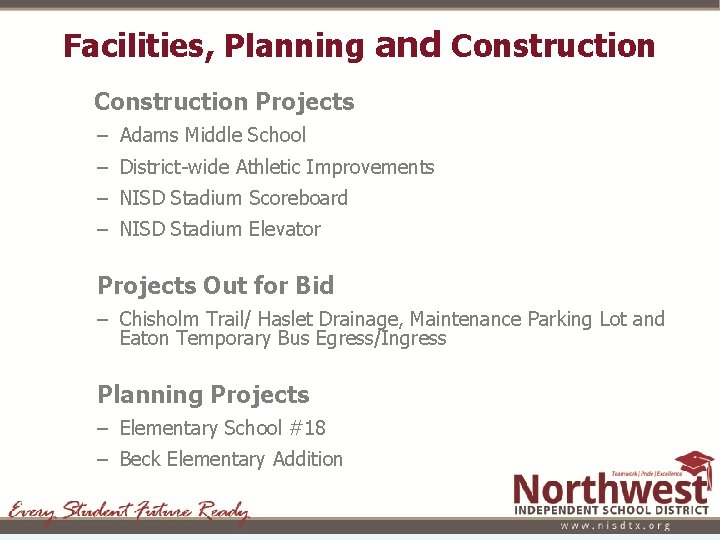 Facilities, Planning and Construction Projects – Adams Middle School – District-wide Athletic Improvements –