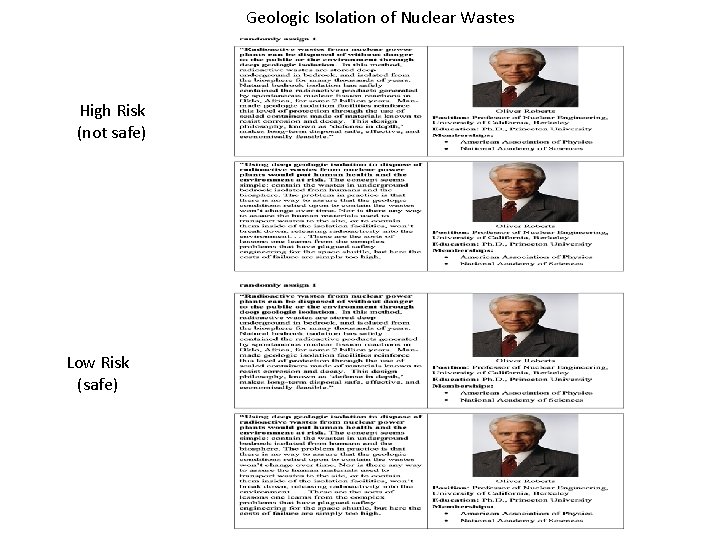 Geologic Isolation of Nuclear Wastes High Risk (not safe) Low Risk (safe) 
