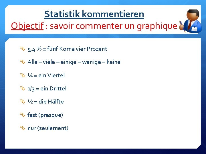Statistik kommentieren Objectif : savoir commenter un graphique 5, 4 % = fünf Koma