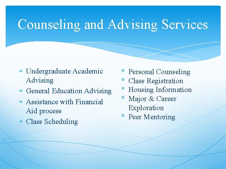 Counseling and Advising Services Undergraduate Academic Advising General Education Advising Assistance with Financial Aid