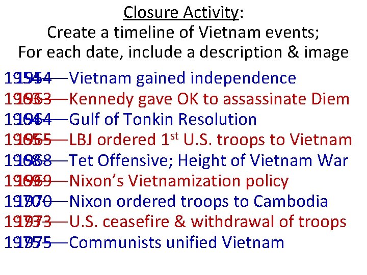 Closure Activity: Create a timeline of Vietnam events; For each date, include a description