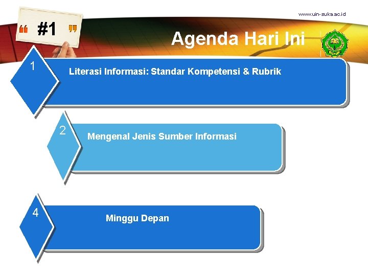 www. uin-suka. ac. id #1 Agenda Hari Ini 1 Literasi Informasi: Standar Kompetensi &