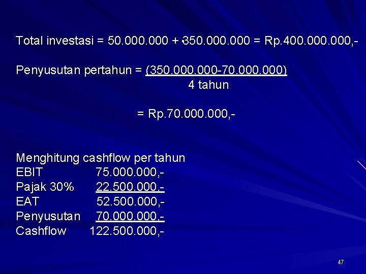 . Total investasi = 50. 000 + 350. 000 = Rp. 400. 000, Penyusutan