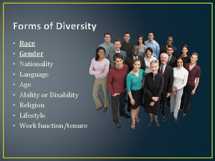 Forms of Diversity • • • Race Gender Nationality Language Ability or Disability Religion