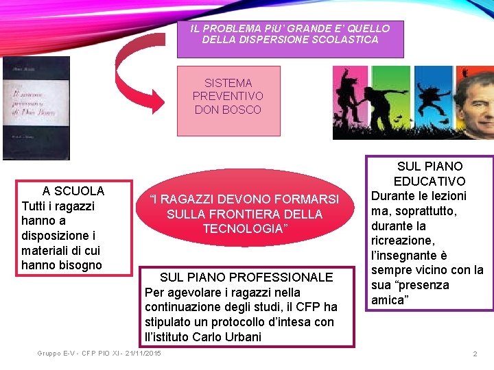 IL PROBLEMA Pi. U’ GRANDE E’ QUELLO DELLA DISPERSIONE SCOLASTICA SISTEMA PREVENTIVO DON BOSCO