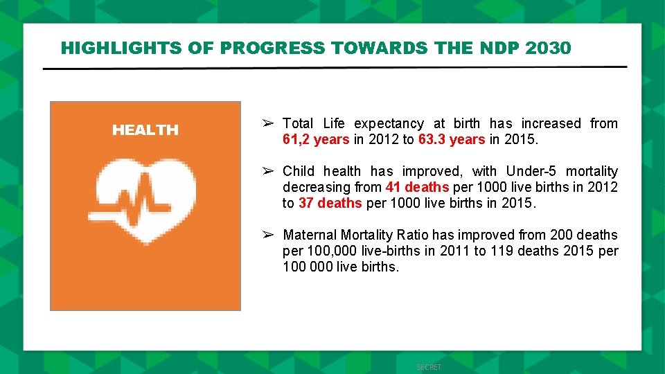 HIGHLIGHTS OF PROGRESS TOWARDS THE NDP 2030 HEALTH ➢ Total Life expectancy at birth
