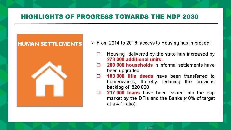 HIGHLIGHTS OF PROGRESS TOWARDS THE NDP 2030 HUMAN SETTLEMENTS ➢ From 2014 to 2016,