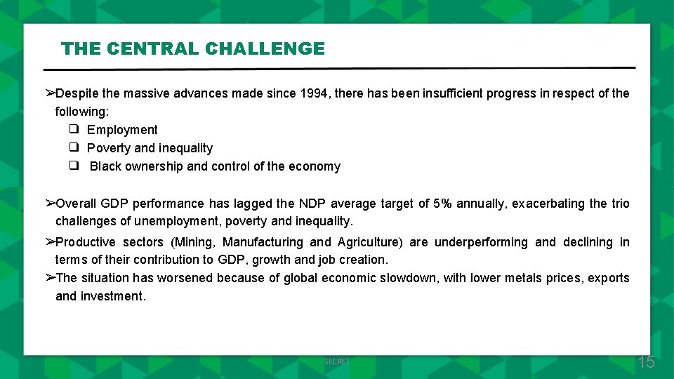 THE CENTRAL CHALLENGE ➢Despite the massive advances made since 1994, there has been insufficient