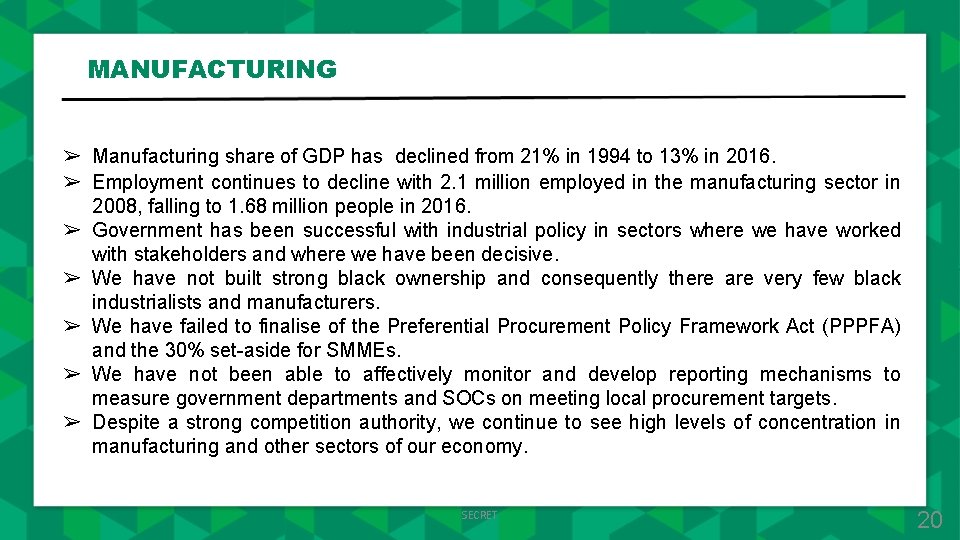 MANUFACTURING ➢ Manufacturing share of GDP has declined from 21% in 1994 to 13%