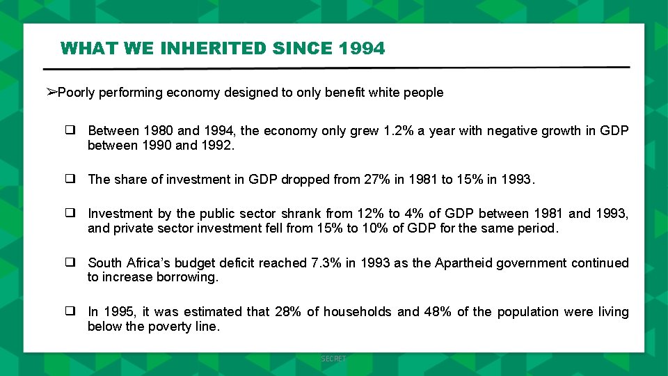 WHAT WE INHERITED SINCE 1994 ➢Poorly performing economy designed to only benefit white people