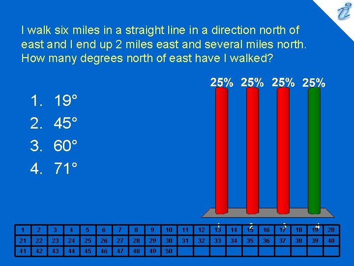 I walk six miles in a straight line in a direction north of east