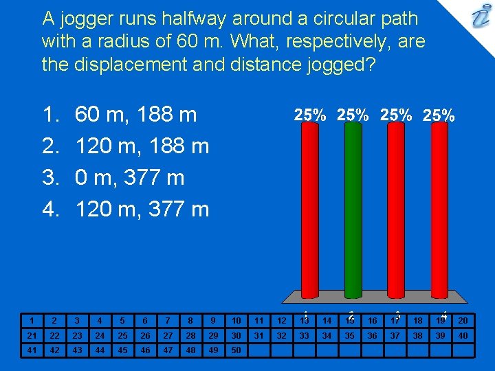 A jogger runs halfway around a circular path with a radius of 60 m.