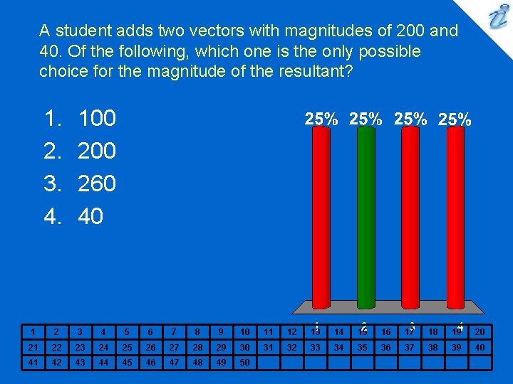 A student adds two vectors with magnitudes of 200 and 40. Of the following,