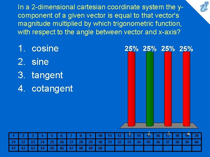 In a 2 -dimensional cartesian coordinate system the ycomponent of a given vector is