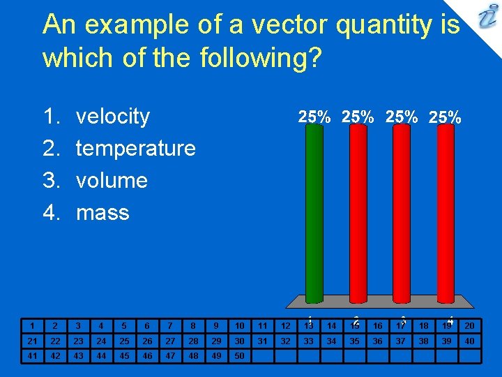 An example of a vector quantity is which of the following? 1. 2. 3.