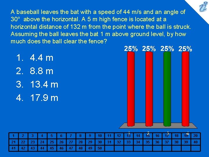 A baseball leaves the bat with a speed of 44 m/s and an angle