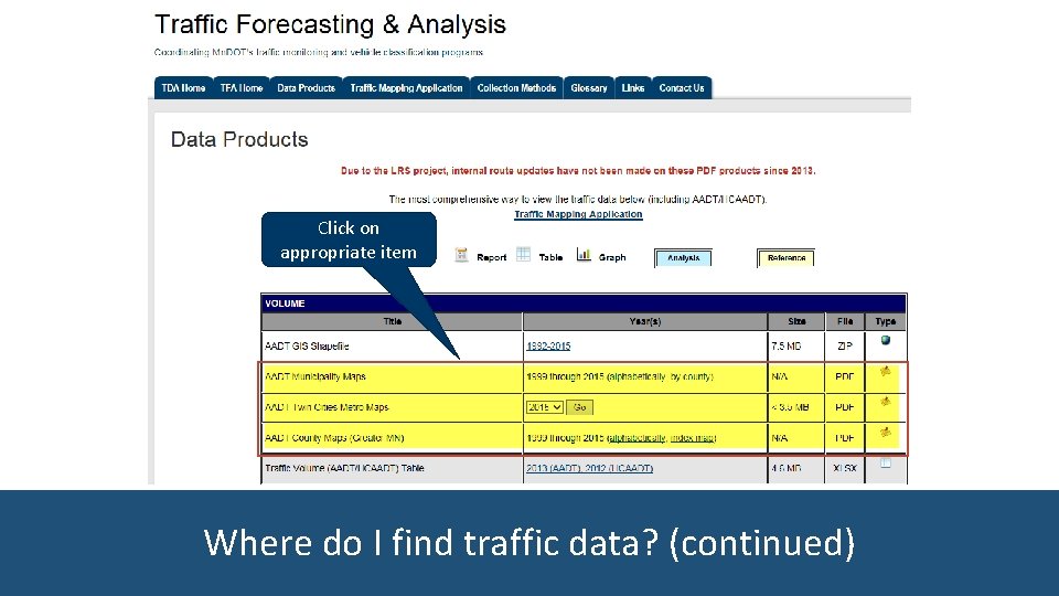 Click on appropriate item Where do I find traffic data? (continued) 