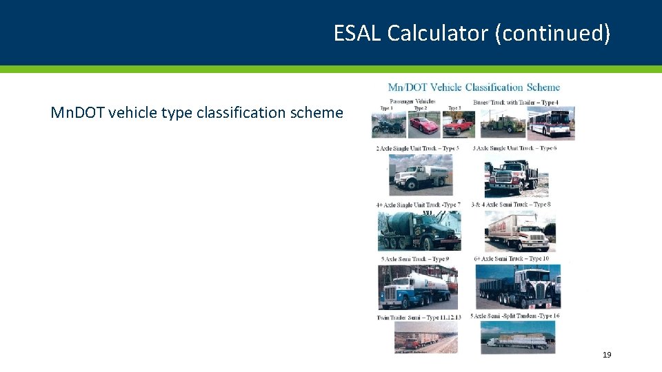 ESAL Calculator (continued) Mn. DOT vehicle type classification scheme 19 