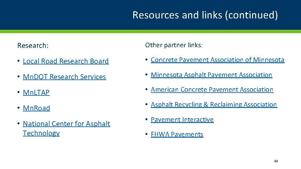 Resources and links (continued) Research: Other partner links: • Local Road Research Board •