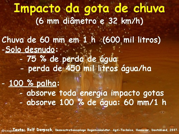 Impacto da gota de chuva (6 mm diâmetro e 32 km/h) Chuva de 60