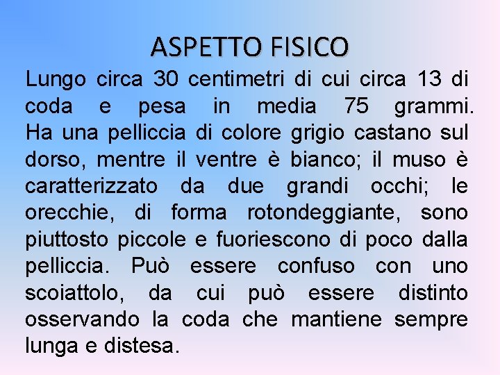 ASPETTO FISICO Lungo circa 30 centimetri di cui circa 13 di coda e pesa